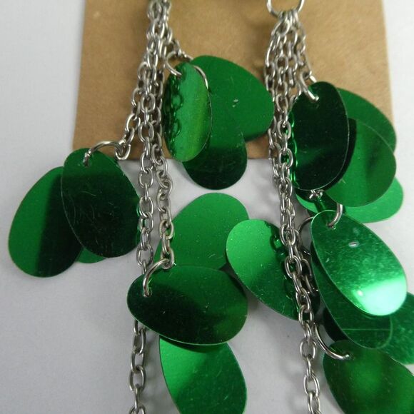 Silver Tone Green Rhinestone Tassel Dangle Chain Confetti Earrings Patrick's Day - Picture 3 of 6